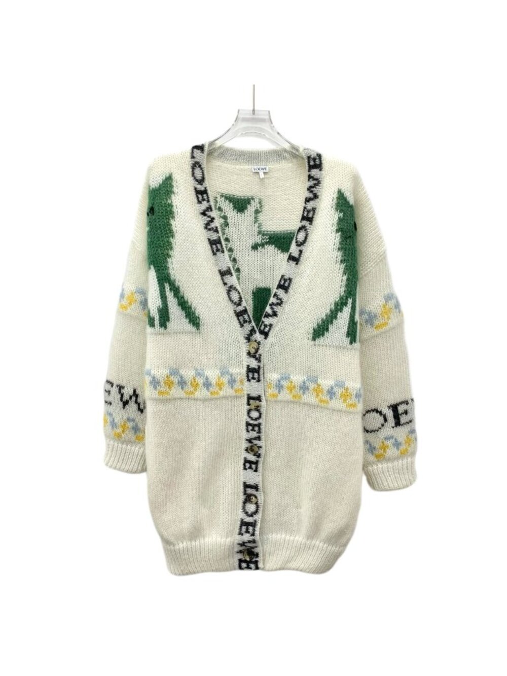 Loewe Beige Logo Deer Intarsia Mohair V-Neck Single-Breasted Knit Cardigan